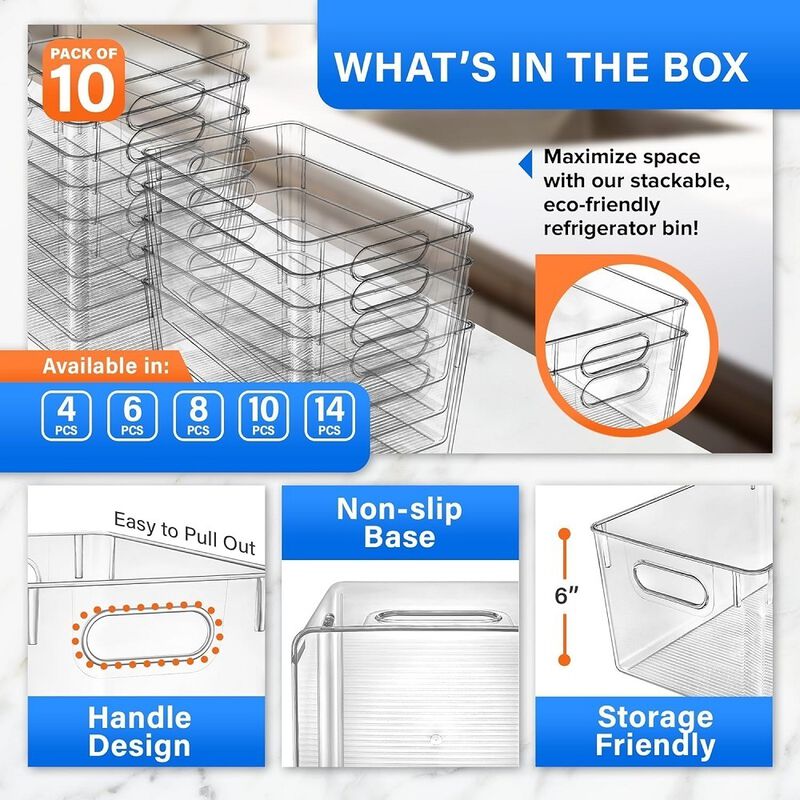 Multi-purpose Refrigerator Bins - 10 pieces Large Capacity Stackable Fridge Bin Organizer with Easy Grip Handles - Clear