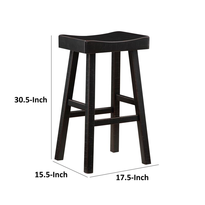 Casy 30 Inch Bar Height Stool, Saddle Seat, Black Rubberwood, Set of 2 - Benzara