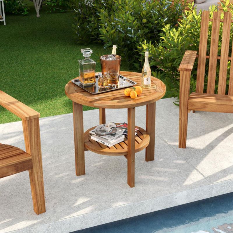 Outdoor Round Side Table Patio End Table with Slatted Storage Shelf for Garden or Backyard