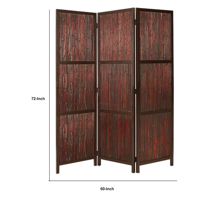72 Inch 3 Panel Privacy Screen, Hardwood Frame, Bamboo Strips, Brown, Red-Benzara