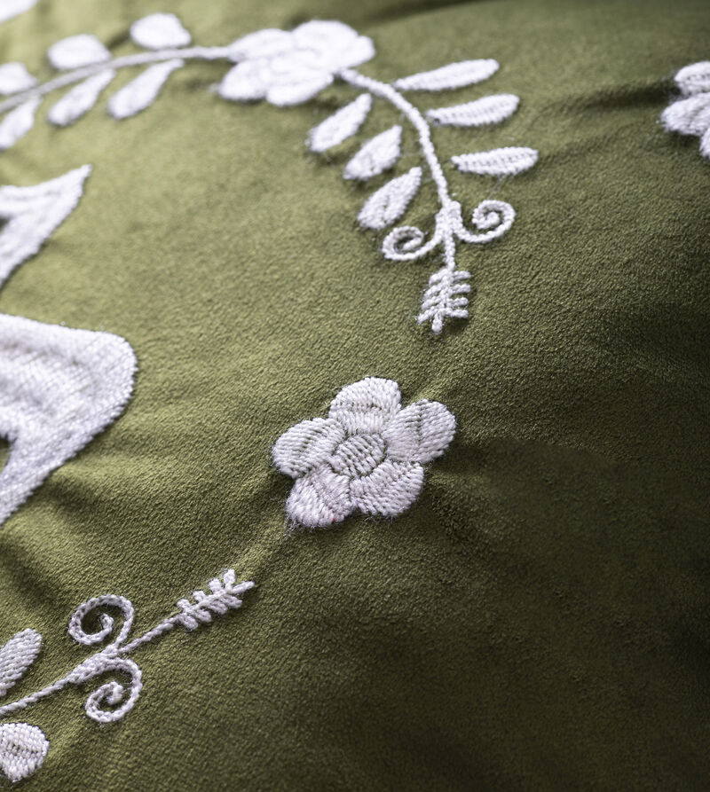 LLAMA Hand Embroidered Decorative Pillows in Olive Green Velvet by ANDEAN, Set of 2, In Stock
