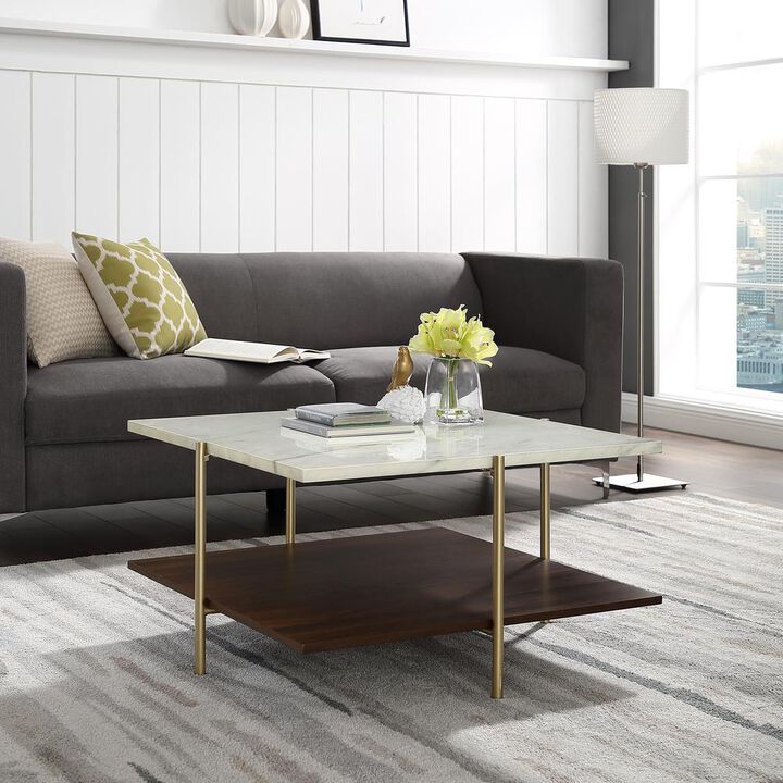 Walker Edison 32 Mid Century Square Coffee Table - White Faux Marble / Gold