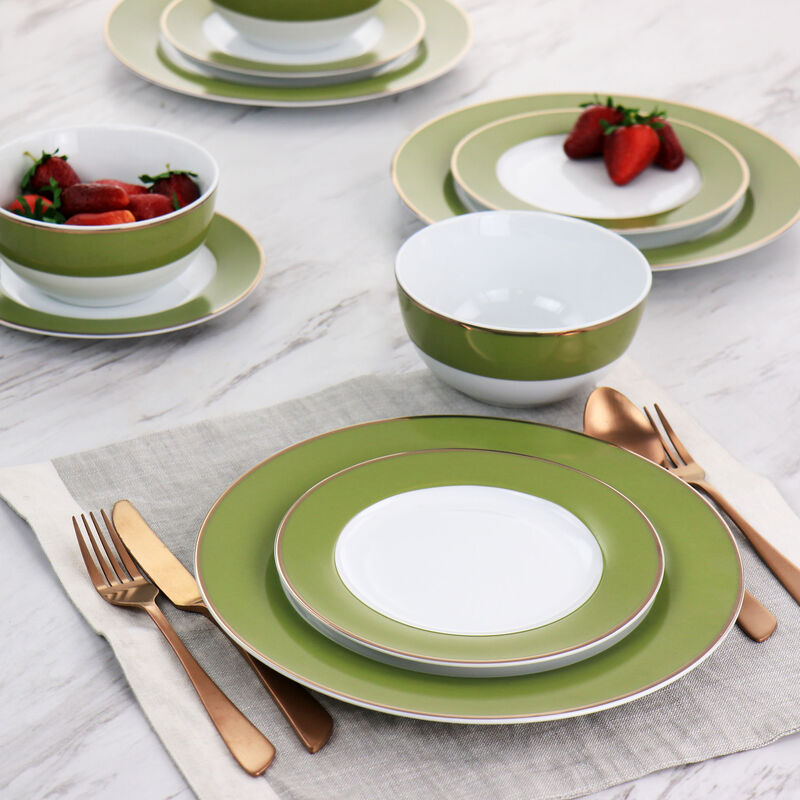 Martha Stewart Gold Rimmed 12 Piece Fine Ceramic Dinnerware Set in Green