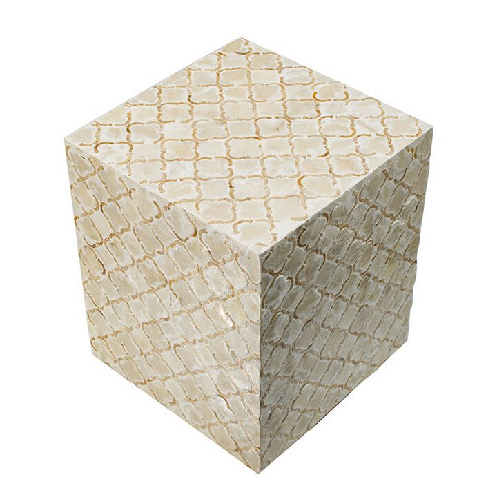 18 Inch Accent Side End Table Stool, Square, Cream Capiz, Gold Base - Benzara