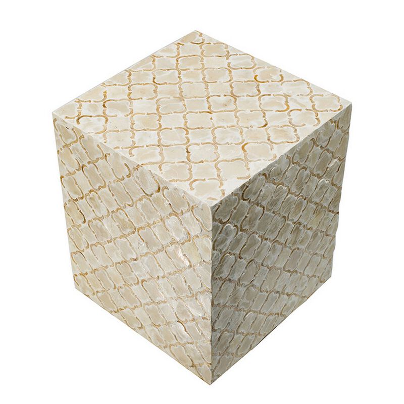 18 Inch Accent Side End Table Stool, Square, Cream Capiz, Gold Base - Benzara