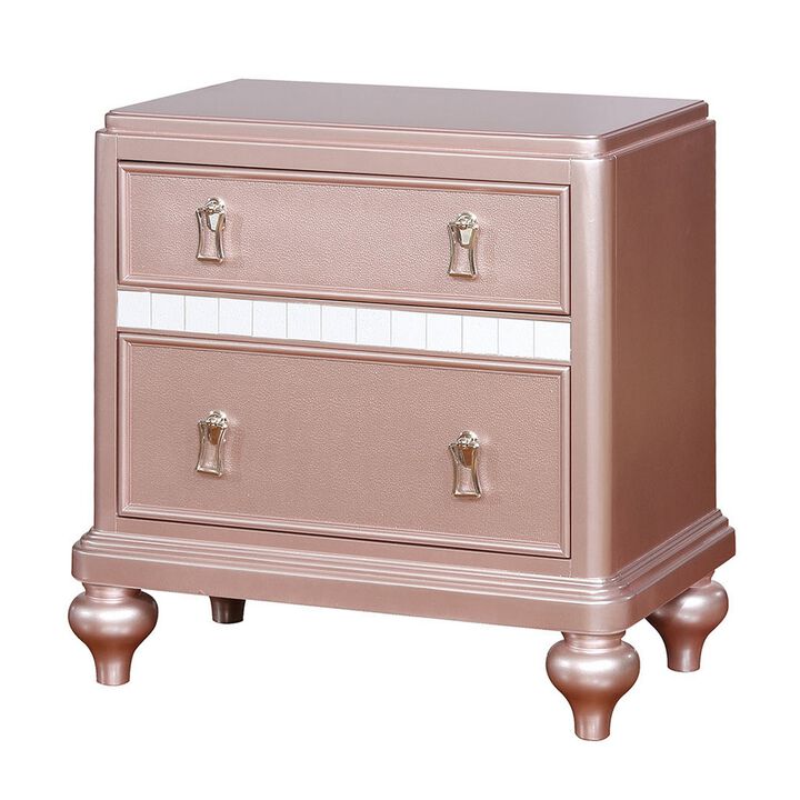Contemporary Solid Wood Nightstand With Mirror Trim, Pink-Benzara