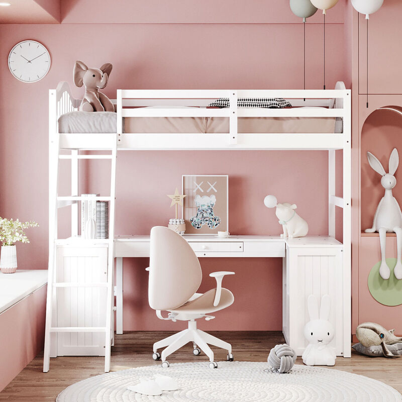 Twin Size Loft Bed With Drawers, Cabinet, Shelves And Desk, Wooden Loft Bed With Desk