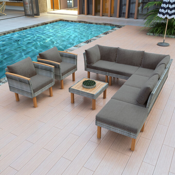 9-Piece Patio Rattan Furniture Set with Acacia Wood Legs