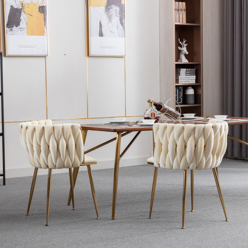 Modern Design Metal Frame Velvet Fabric Dining Chair With Legs, Set Of 2, Ivory