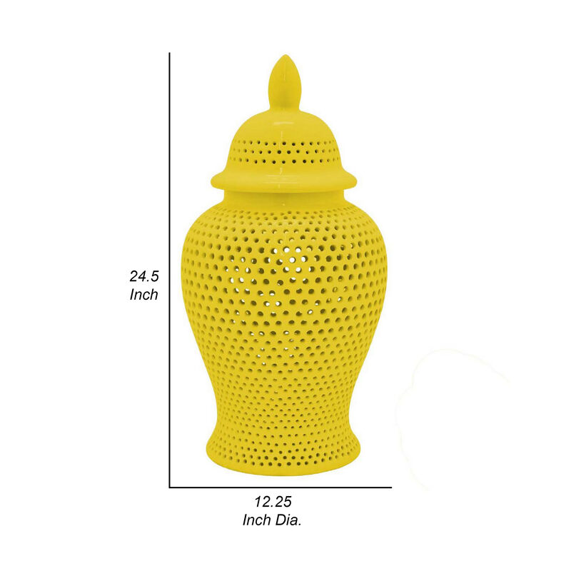 Deni 25 Inch Ginger Jar, Carved Cutout Lattice, Removable Lid, Yellow - Benzara