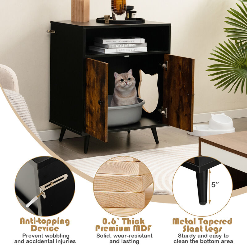 Industrial Cat Litter Box Enclosure with Entry and Open Compartment-Rustic Brown