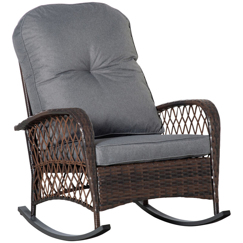 Gray Garden Rocker: Patio Wicker Chair with Thick Cushions