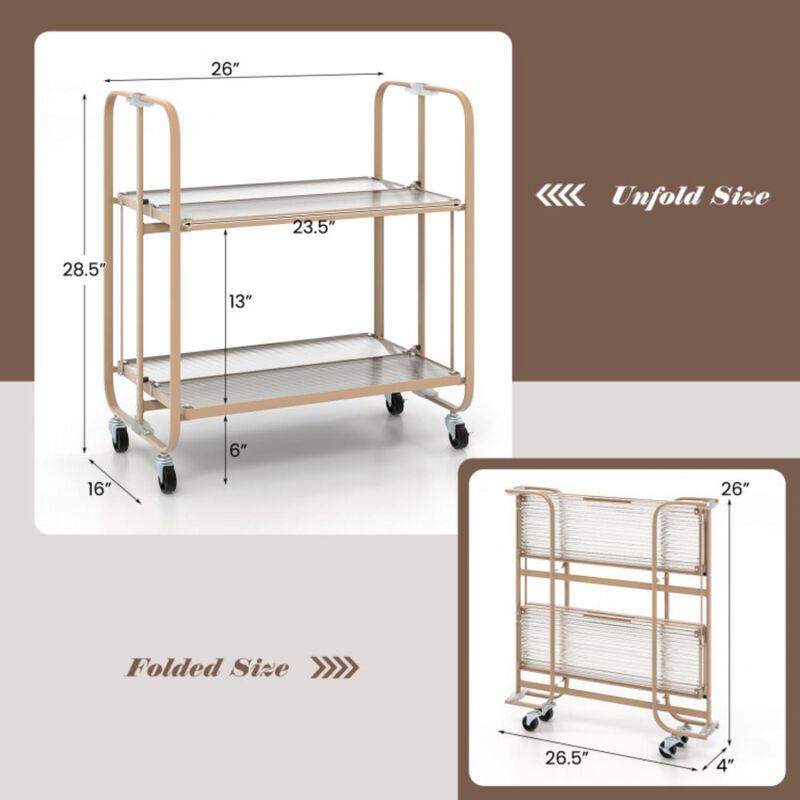 Hivvago 2-Tier Mobile Serving Cart with Tempered Glass Shelf-Golden