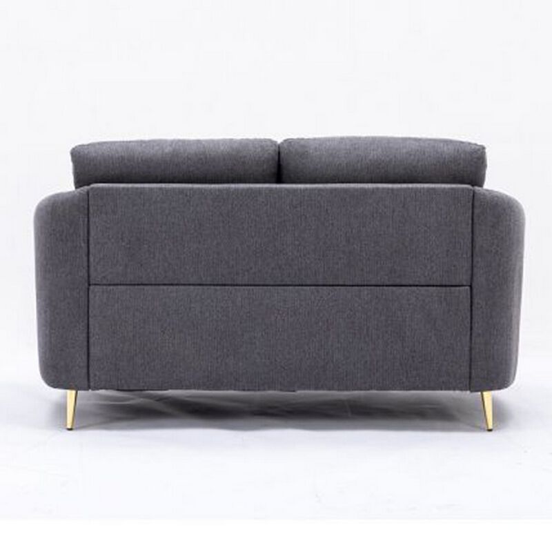 Nial 60 Inch Loveseat, Linen Upholstery, Pine Wood, Smooth Gray, Gold Legs - Benzara
