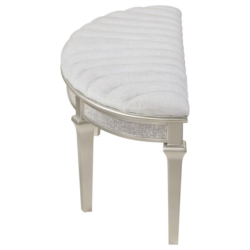 Nive 53 Inch Bench, Semiround Shape, Encrusted Faux Diamond, Silver Oak - Benzara