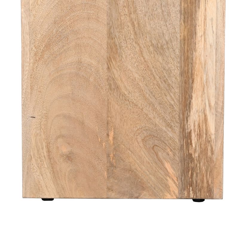 Kerry 20 Inch Rectangular End Side Table, Mango Wood, Sled Base, Glossy White, Natural Brown-Benzara