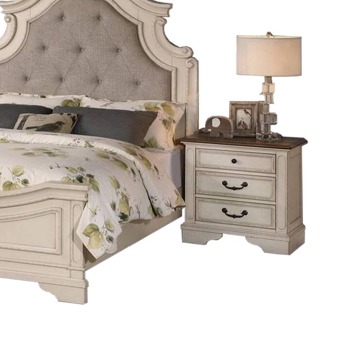 Lupe Queen Size Bed, Gray Upholstered Scalloped Frame, Antique White Finish - Benzara