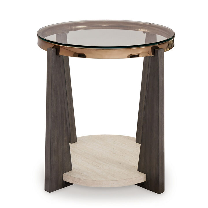 Miu Side End Table, 24 Inch Round Glass Top w Shelf, Brown Angled Base - Benzara