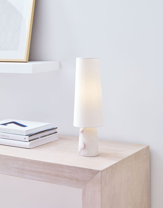 Jinny Medium Table Lamp in Alabaster with Linen Shade