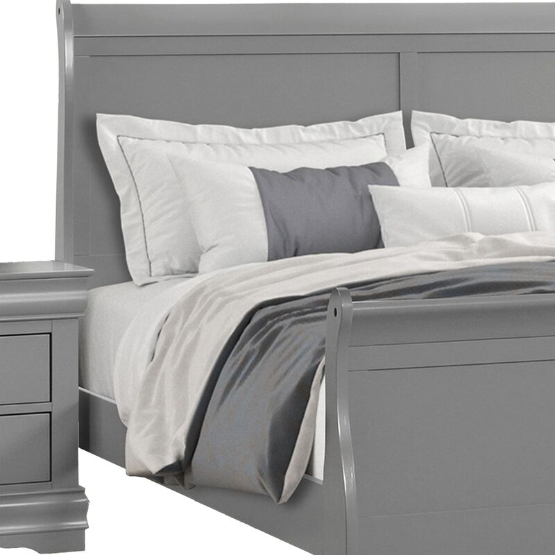 Ryla Queen Size Bed, Sleigh Panel Headboard, Classic Light Gray Solid Wood