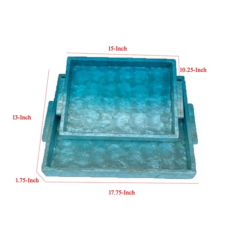 Decorative Tray Set of 2, 18 Inch Rectangular Ombre Blue Capiz Details - Benzara