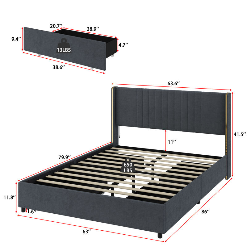 Gray Wood Frame Queen Size Bed Platform Bed Panel Bed With 4-Drawers, Color-Changing LED Lights, Bluetooth