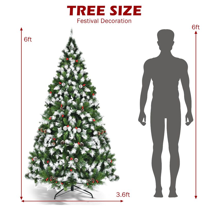 Pre-lit Snow Flocked Christmas Tree with Red Berries and LED Lights