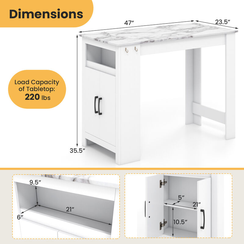 Bar Table Faux Marble Pub Table with 7 Hanging Hooks Compartment
