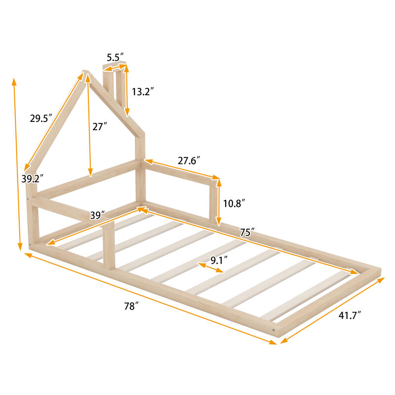 Merax Wood Floor Bed with House-shaped Headboard