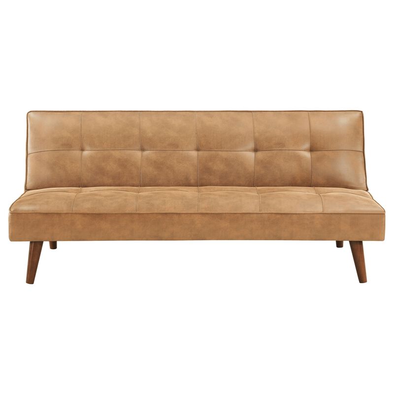 Sena Futon Convertible Sofa Bed Sleeper Couch, Light Brown Faux Leather - Benzara