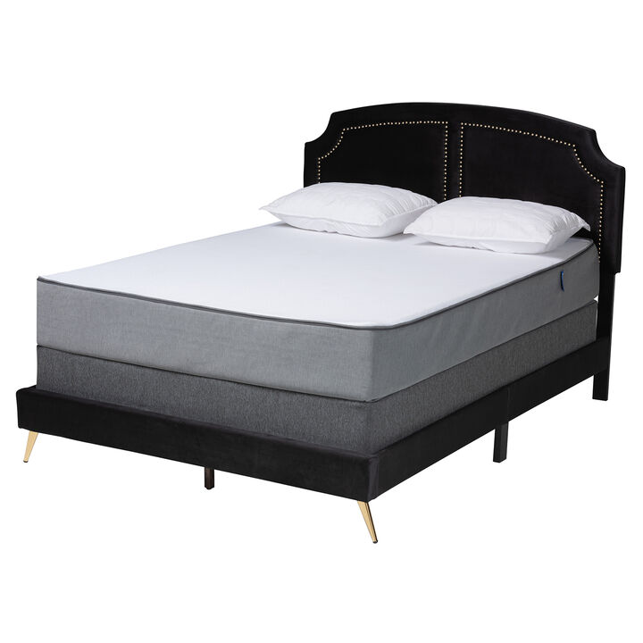 Baxton Studio Oxley Traditional Black Velvet and Gold Metal Queen Size Panel Bed