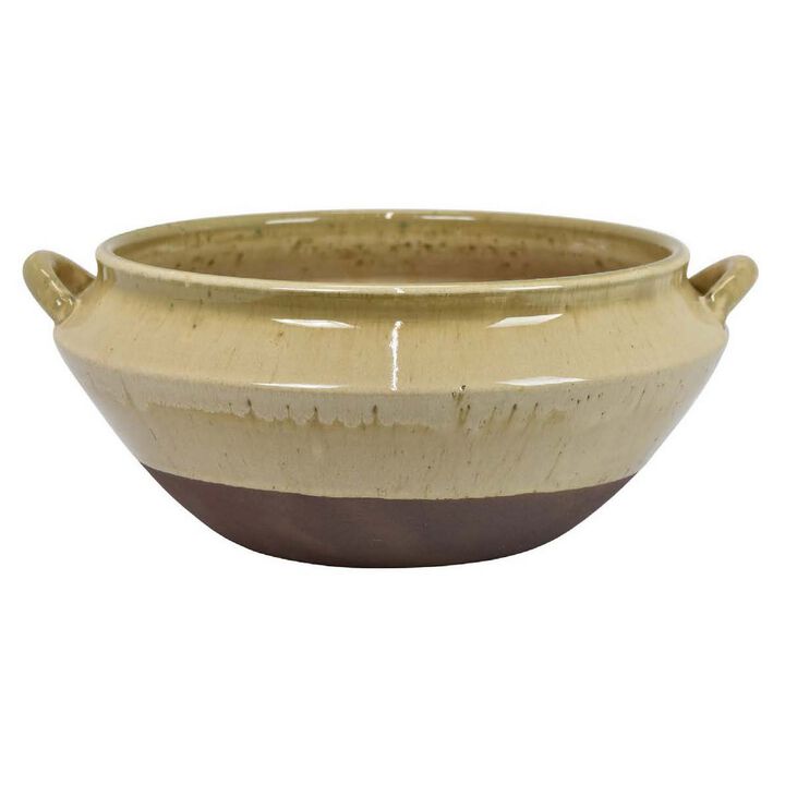 Elf 14 Inch Vase, Antique Bowl Shape, 2 Handles, Brown, Transitional Style - Benzara