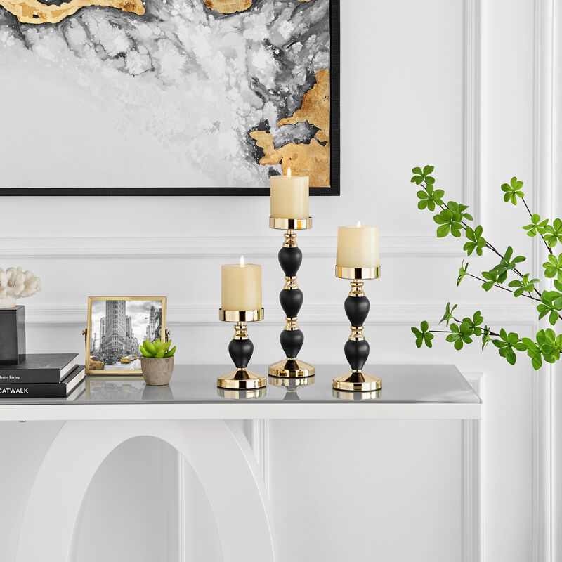Talia Black and Gold Candlestick Taper Candle Holders - Set of 3