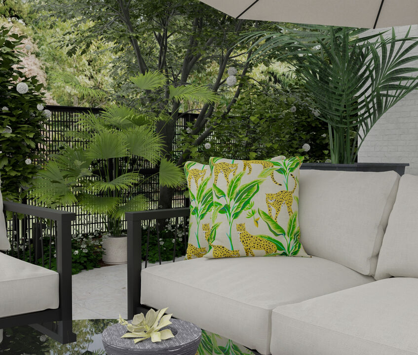 22"x22" Indoor/Outdoor Pillow, Leopards and Banana Leaves