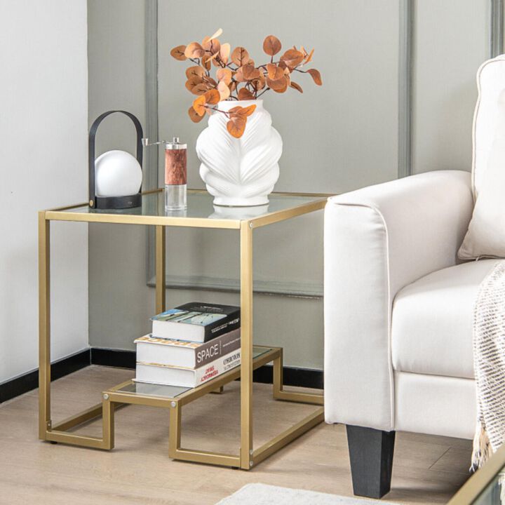 Hivvago 22 Inch 2-Tier Square Sofa Side Table with Tempered Glass Tabletop