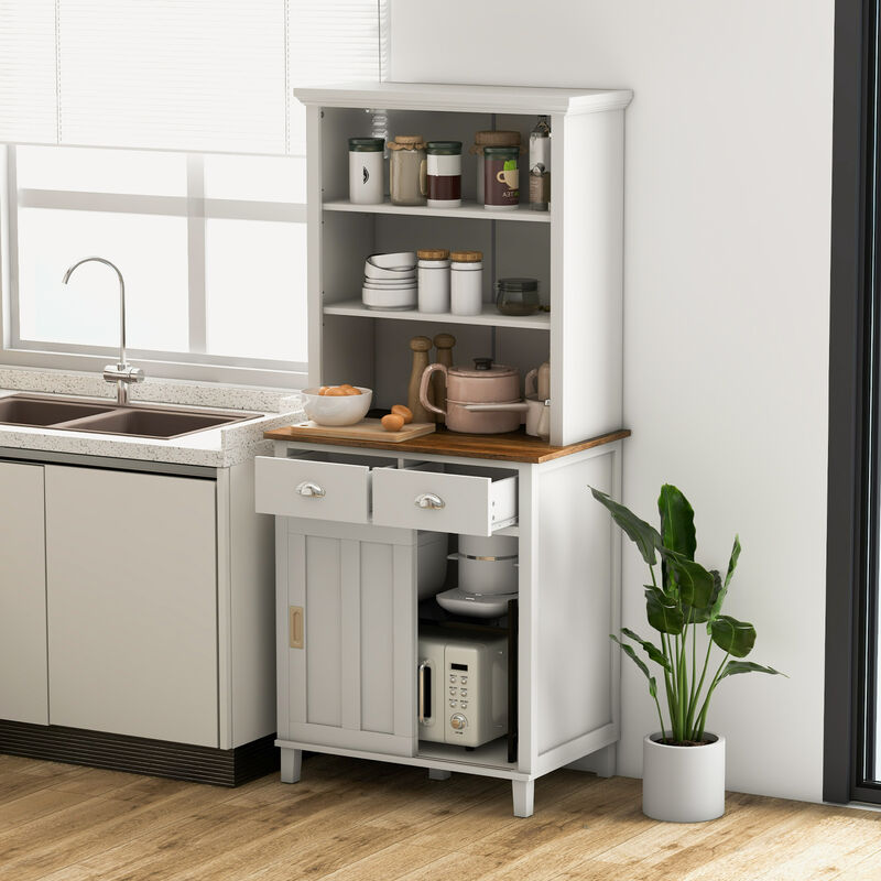 Freestanding Kitchen Pantry with Hutch Sliding Door and Drawer-White