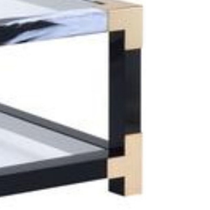 Rectangular Metal Coffee Table with Glass Top and Shelf, Black - Benzara