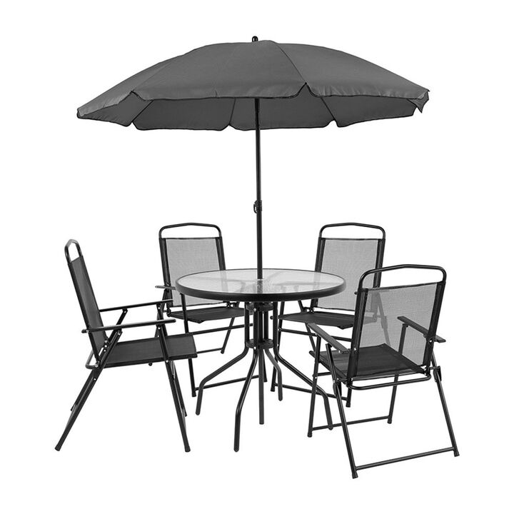 Flash Furniture Nantucket 6 Piece Patio Garden Table Set - Umbrella Table - Set of 4 Black Folding Chairs