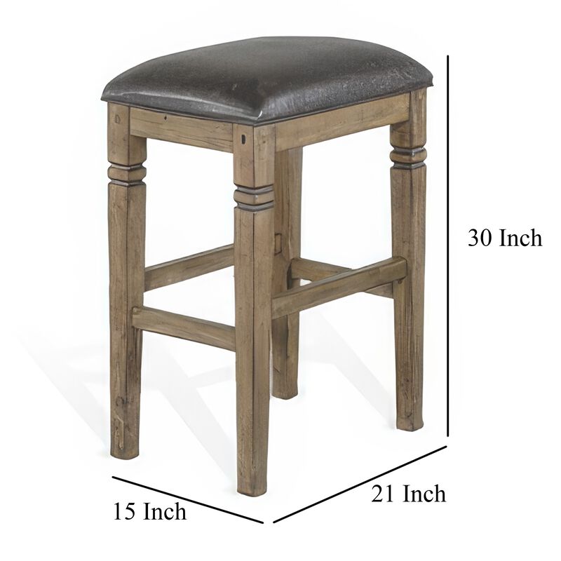Yael Barstool, Black Faux Leather Cushioned, Taupe Mahogany Solid Wood - Benzara