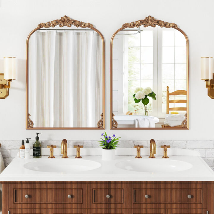 Traditional Arched Mirror with Gold Metal Frame and Baroque Design