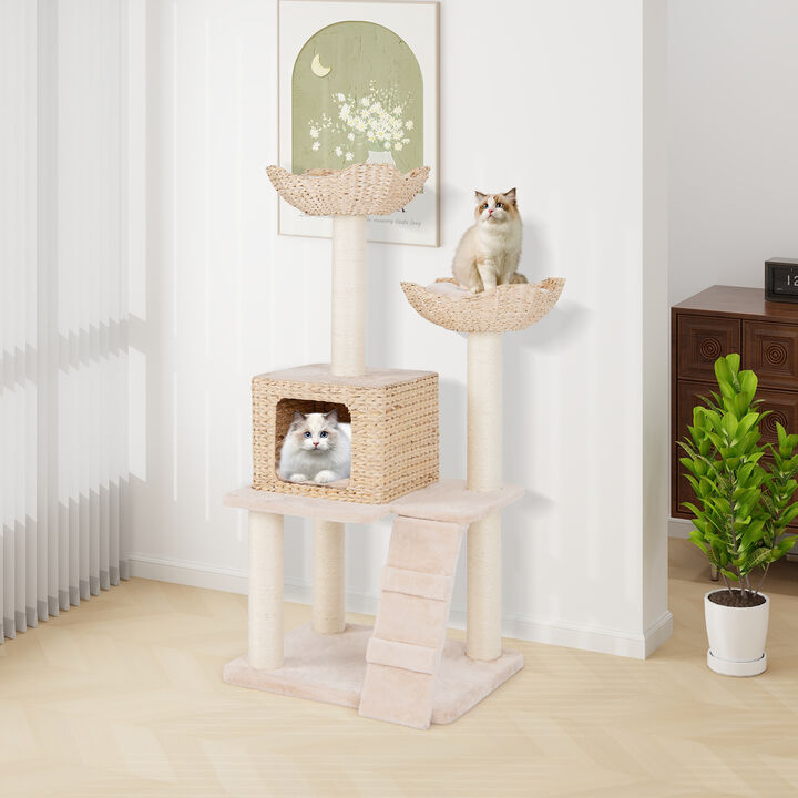 48" Cattail Cat Tower with Sisal Scratching Posts, Cozy Perch & Condo for Indoor Cats