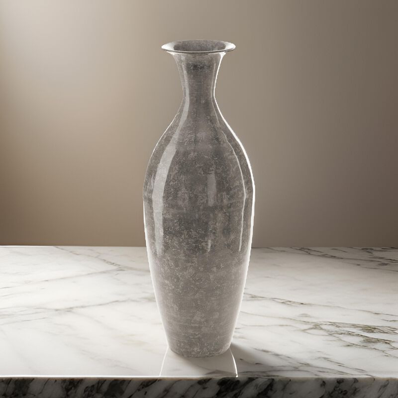 Lery Flower Vase Home Decor, Tapered Neck, High Gloss Gray Metal Finish - Benzara