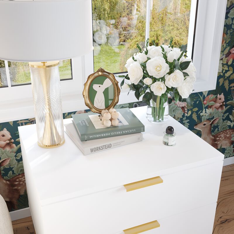 2-Drawer White Wooden Nightstand Bedside Table with 4-Gold Metal Legs 15.7 in. D x 19.7 in. W x 17.9 in. H