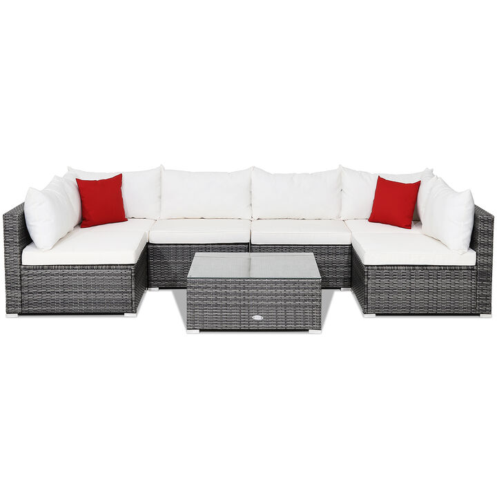 7 Pieces Patio Rattan Furniture Set with Sectional Sofa Cushioned