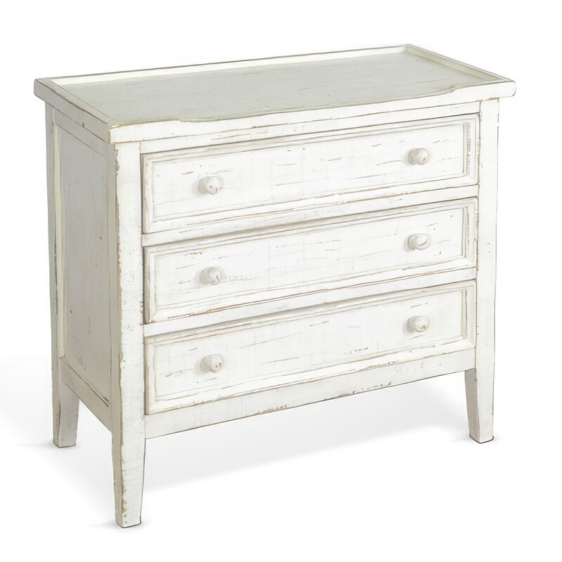 Rena Side End Table with 3 Drawers, 28 Inch Rustic White Mahogany Wood - Benzara