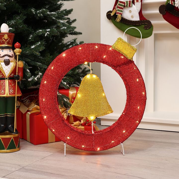 LuxenHome 1.9Ft Tall Ornament and Bell Wreath Outdoor Holiday Decoration with Lights
