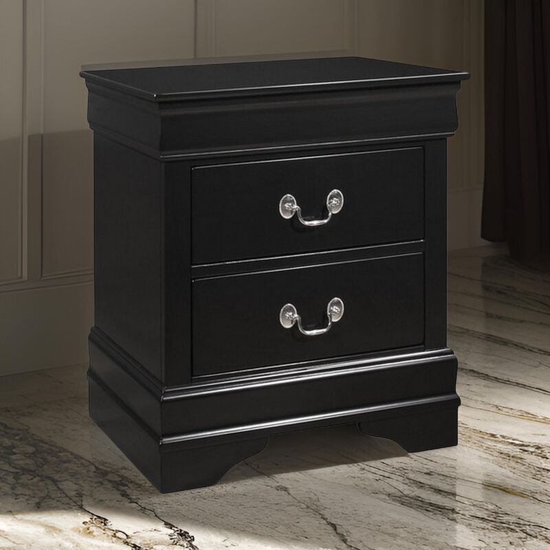 2 Drawer Wooden Frame Nightstand with Antique Metal Pulls, Black-Benzara