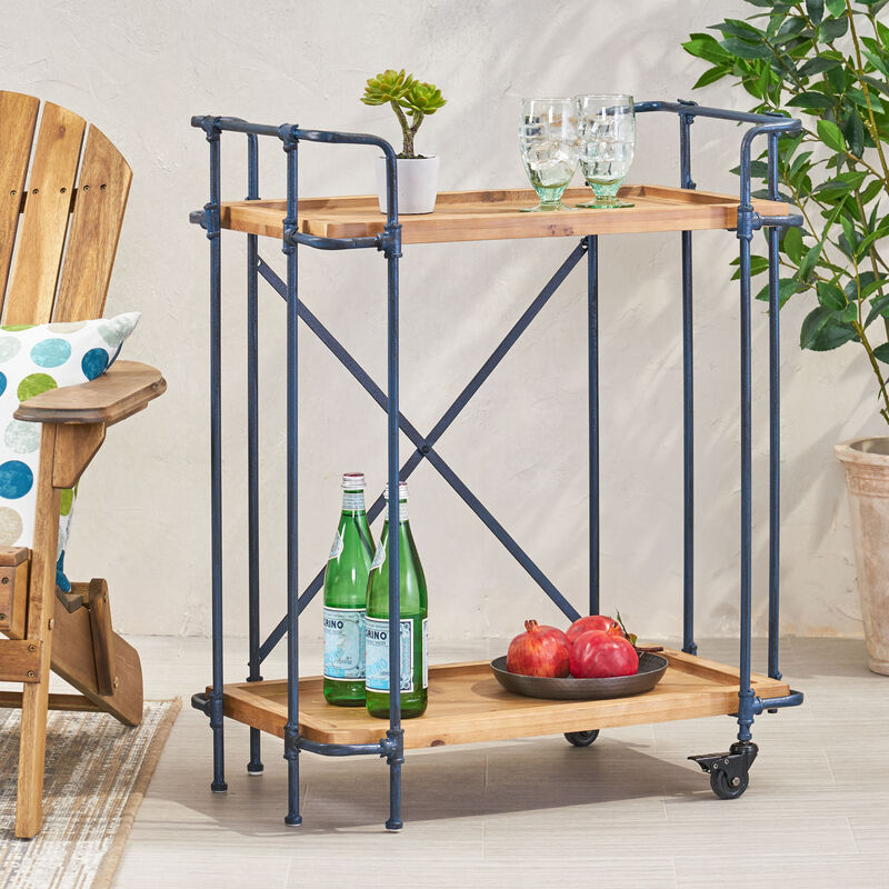 Rustic Firwood Bar Cart with Iron Frame and Rolling Wheels for Home Use
