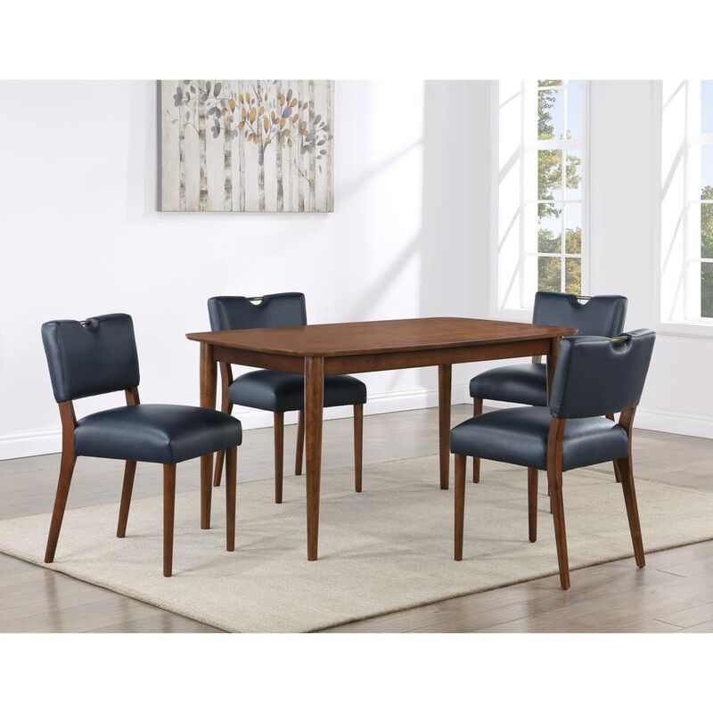 Comfort Pointe Bonito Midnight Blue Faux Leather 5PC Dining Set in Walnut Finish