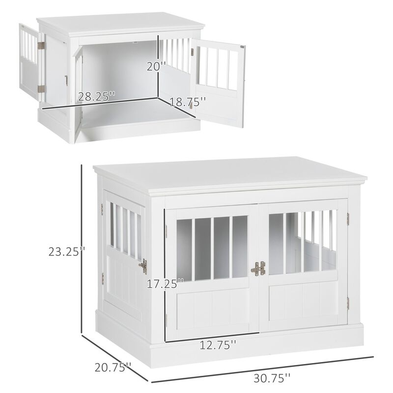 White Pet Haven: Wooden Dog Crate End Table with Triple Doors